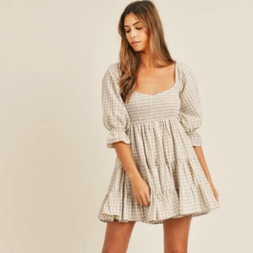 Gingham Puff Sleeve Cotton Dress